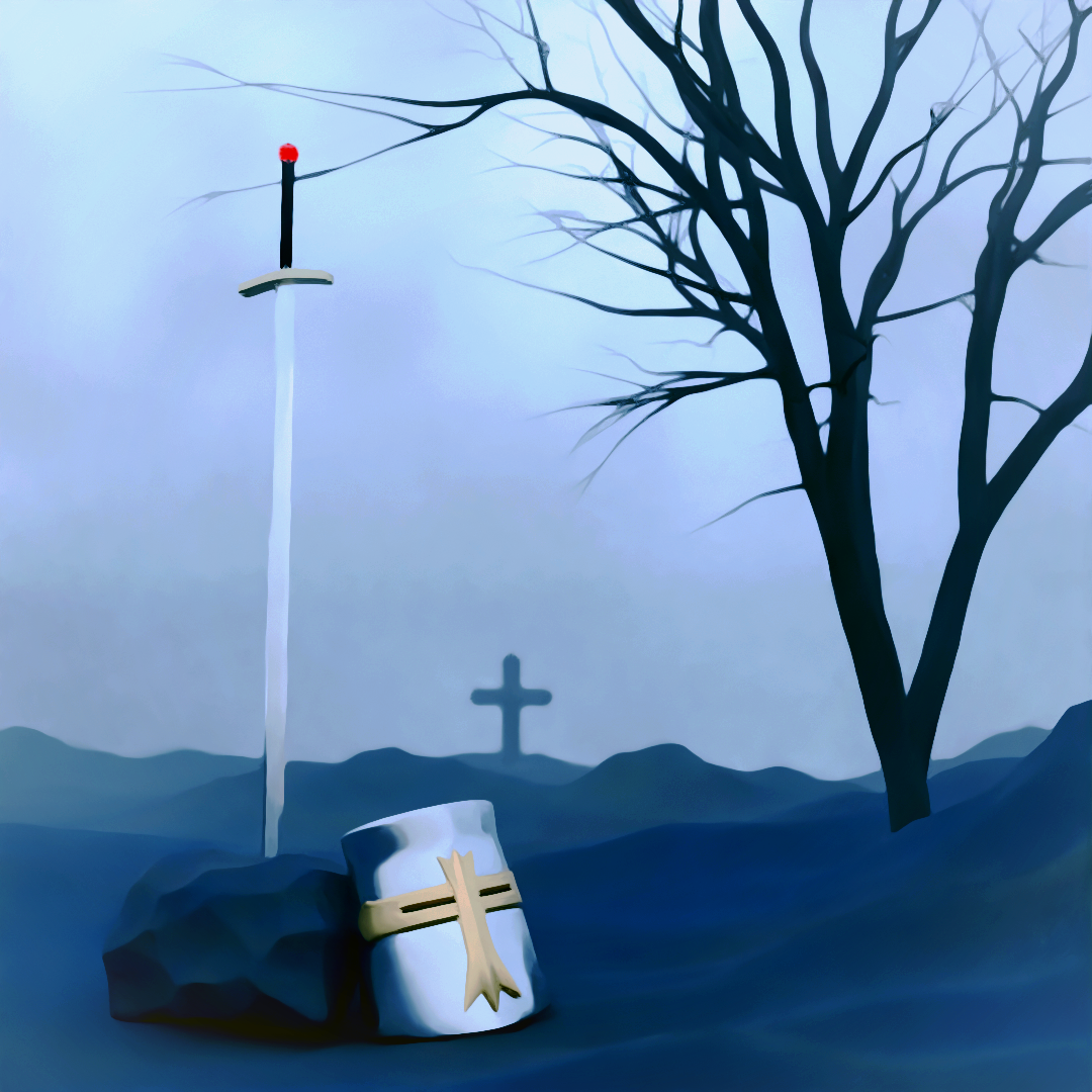 A 3D render of a foggy scene with a crusader helmet,
            sword and a dead tree in focus